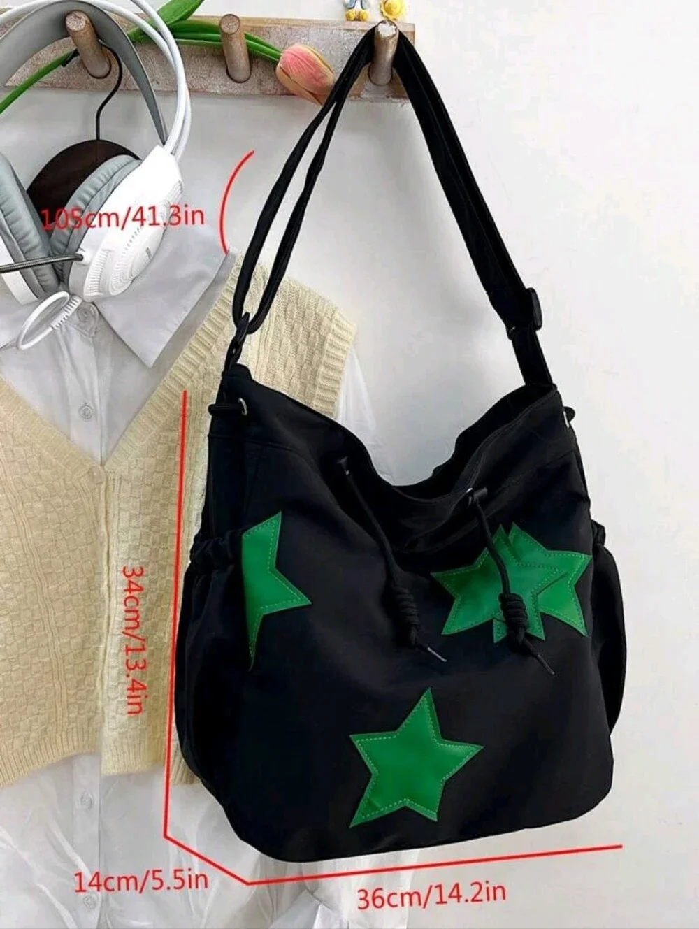 Stylish Black and Green Women's Bag With Stars Decor. New Spring/ Summer Plain